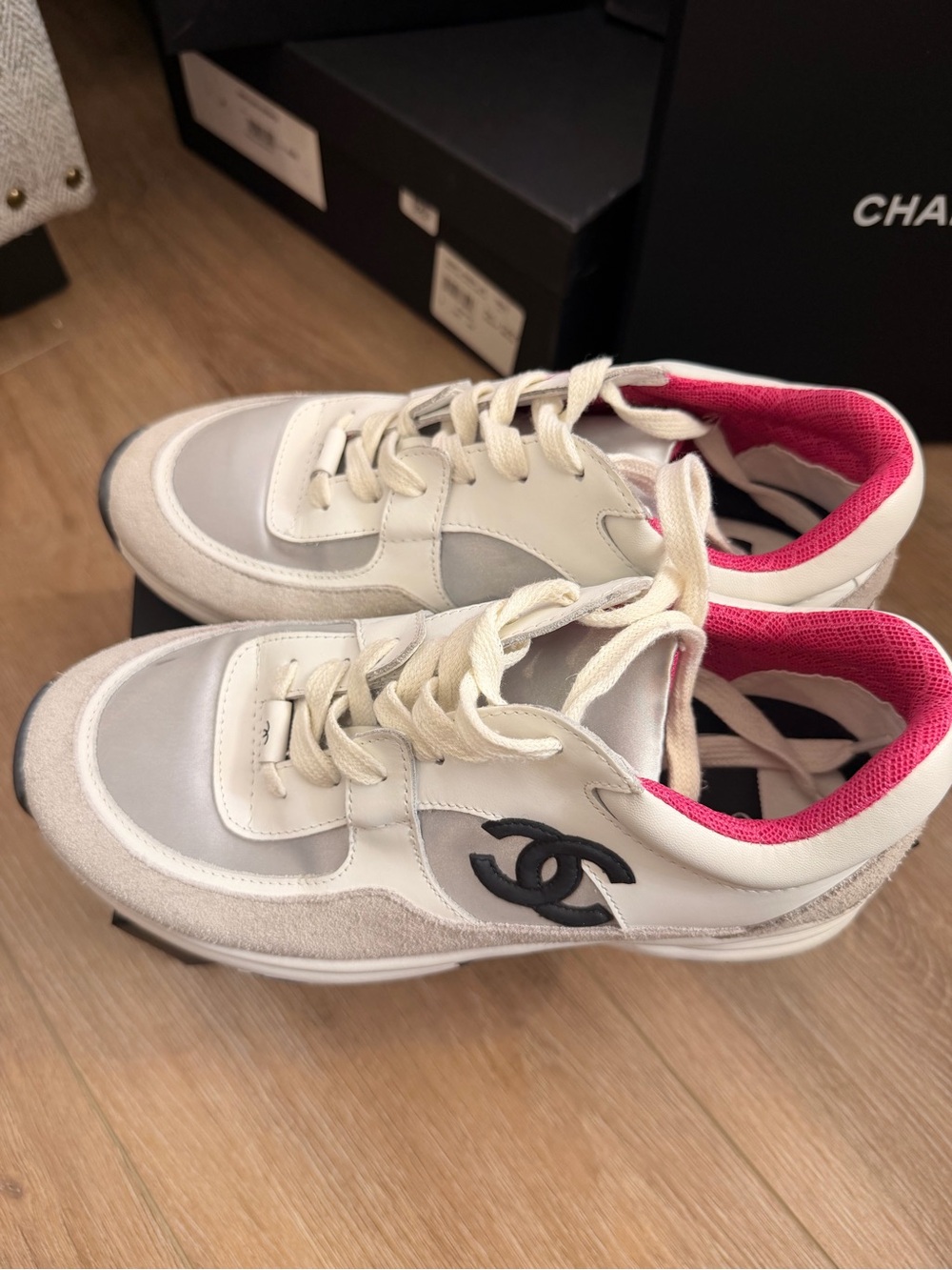CHANEL White Sneakers with Pink Lining and Black Logo